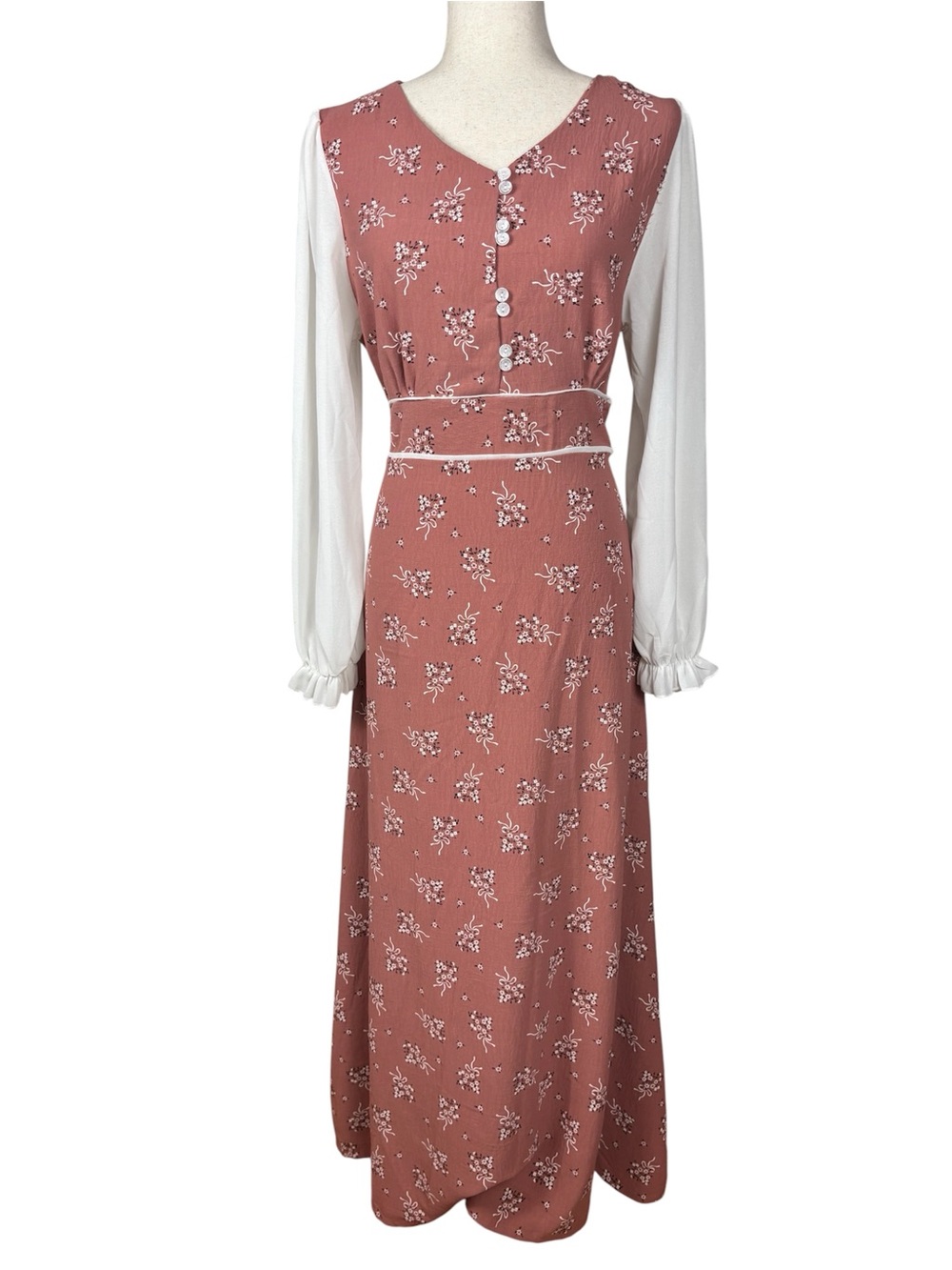 Prairie Peasant Maxi Dress Pink Floral Sheer Sleeves Ruffle Cottagecore Boho